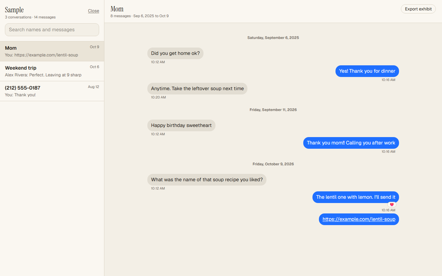 Messages from a back up of an iPhone on Windows, shown as conversations